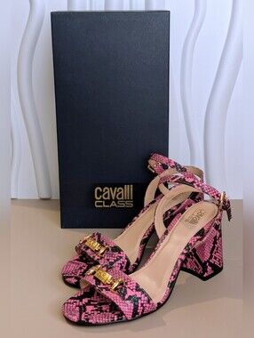 NIB Cavalli Class Pink Python Print Block Heel Sandals Size 8 MSRP $685
